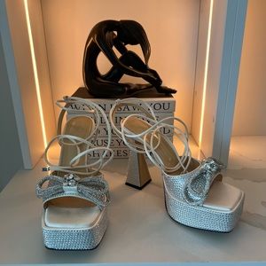MACH & MACH Double Bow 140 MM Silver White Satin Crystal Platform Sandals 39.5